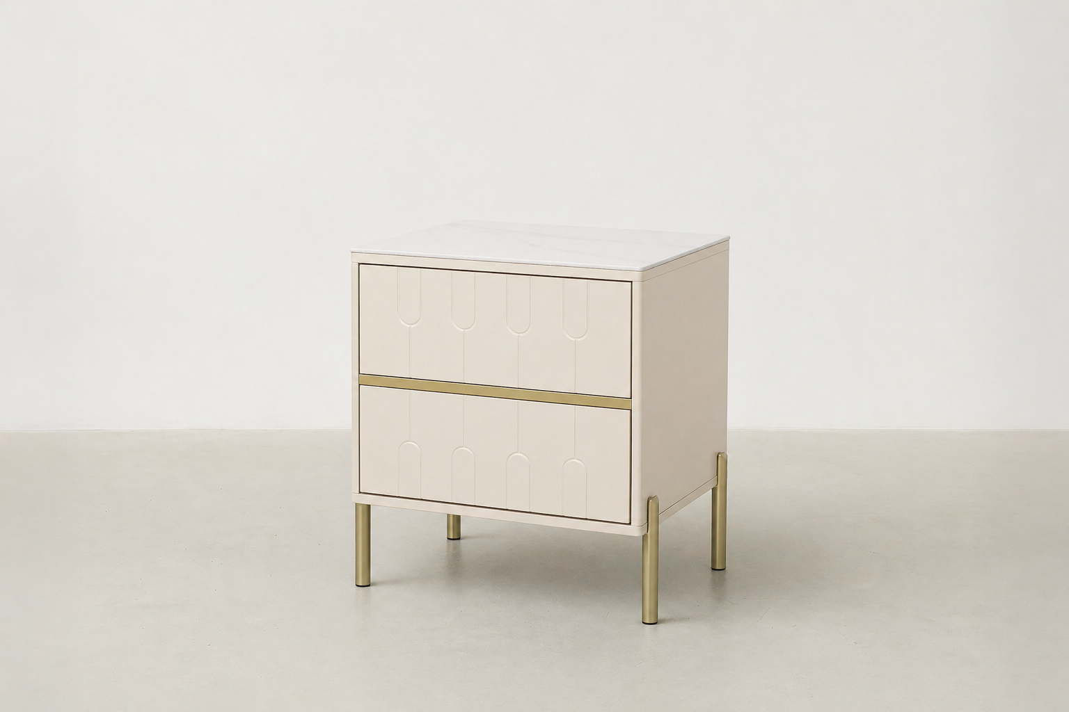 Modern Cream Nightstand with Arched Drawers & Brushed Gold Legs for Bedroom