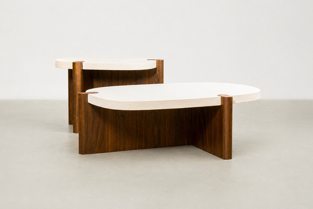 Modern Concrete-Look MDF Coffee Table with Walnut Base for Living Room