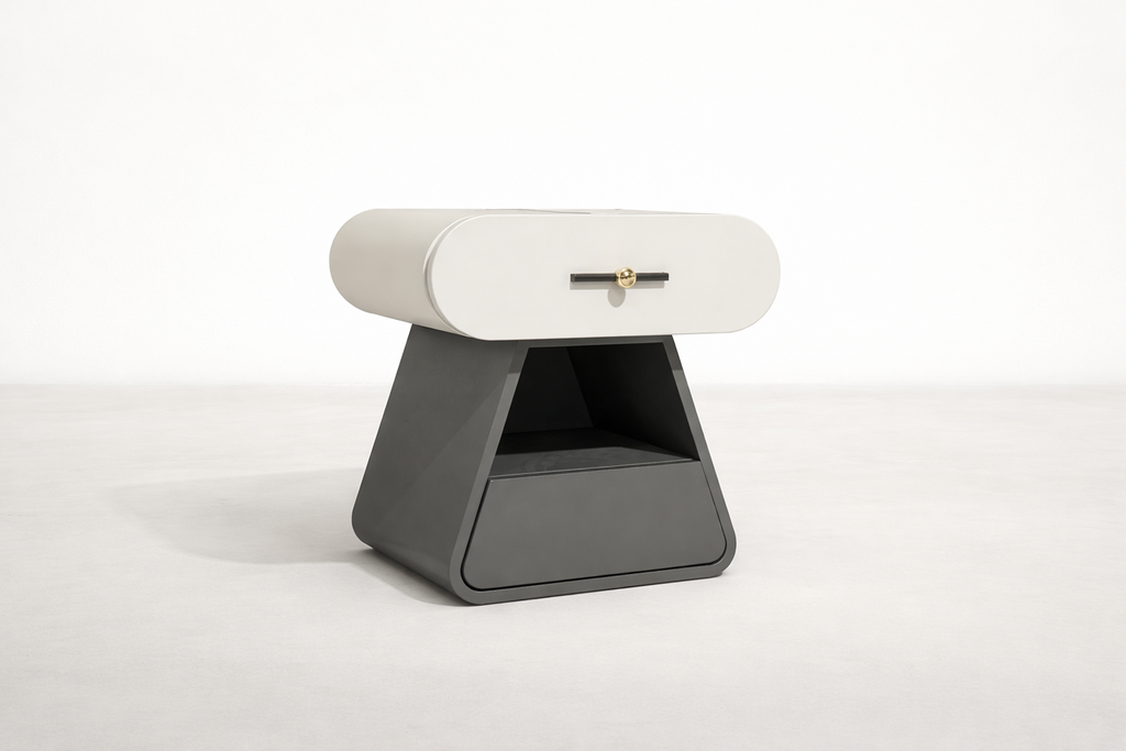 Layered Nightstand with Curved Contrasts & Soft Sculptural Form for Bedroom