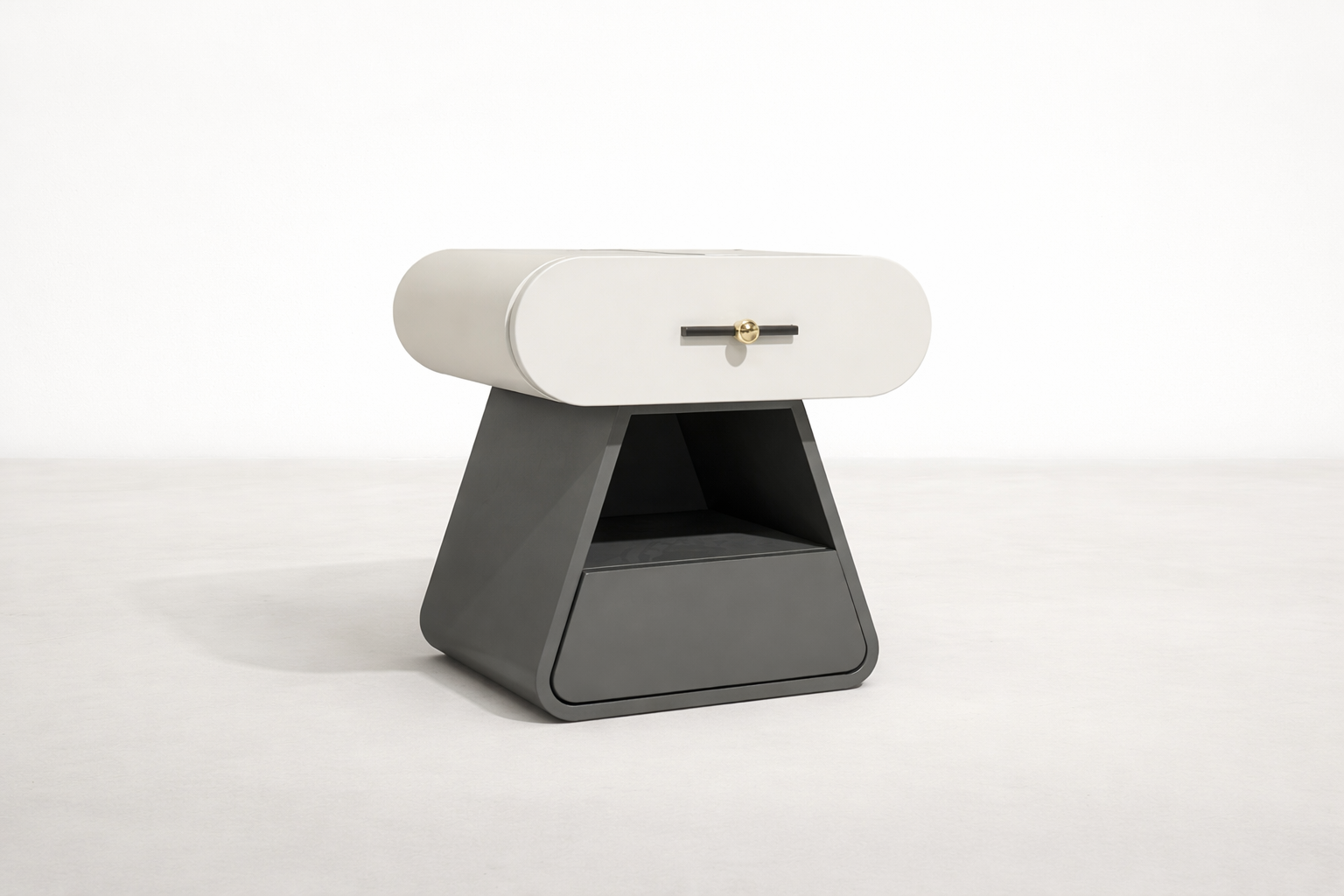 Layered Nightstand with Curved Contrasts & Soft Sculptural Form for Bedroom