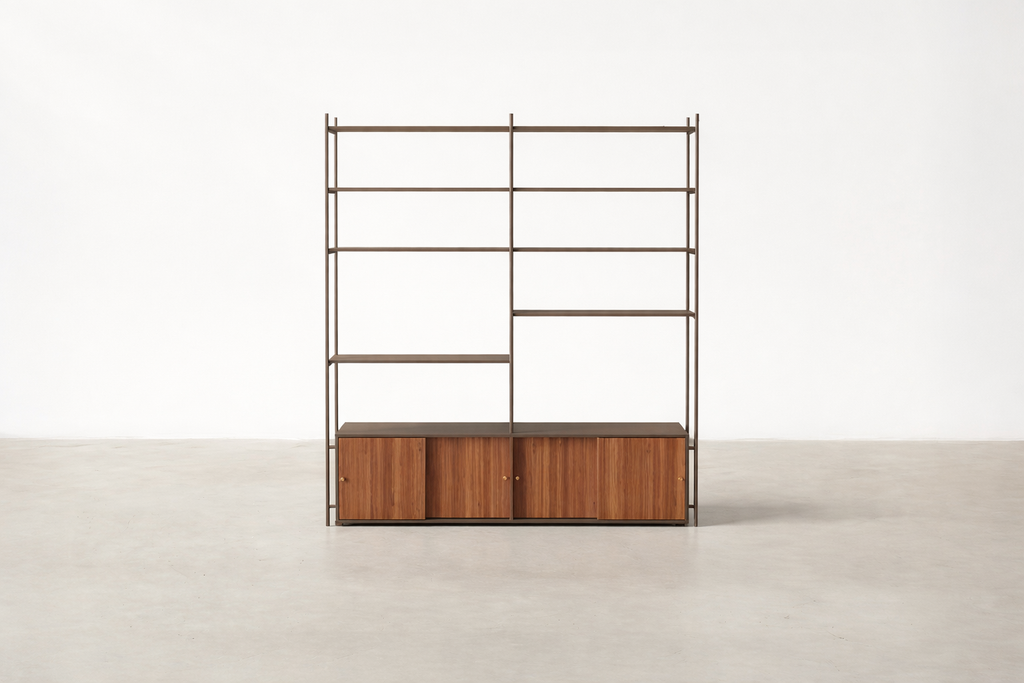 Modern Walnut Veneer Bookshelf with Metal Frame for Bedroom & Living Room