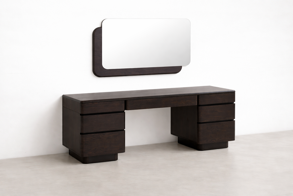 Smoked Oak Veneer Vanity Table with Organized Drawer for Bedroom