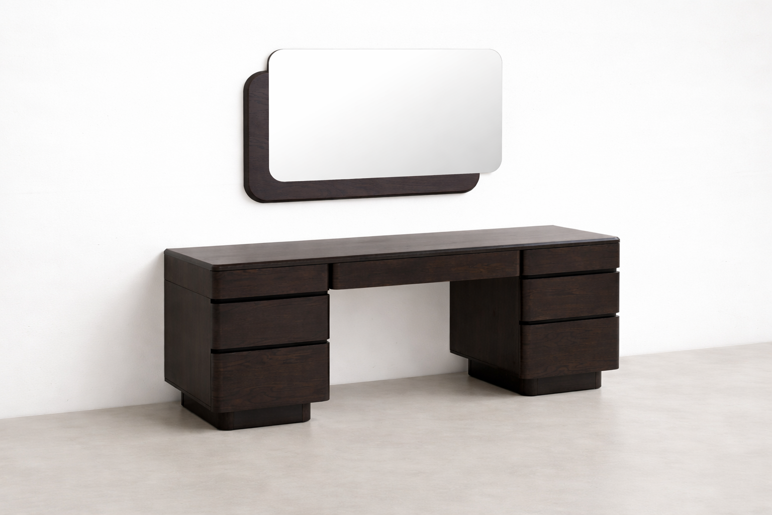 Smoked Oak Veneer Vanity Table with Organized Drawer for Bedroom