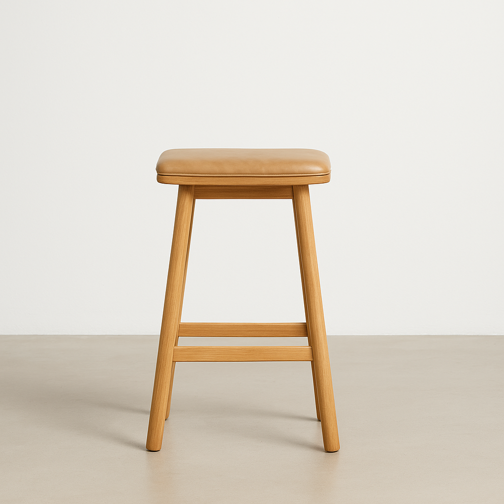 Solid Oak Bar Stool with Cushioned Saddle Seat for Kitchen & Dining