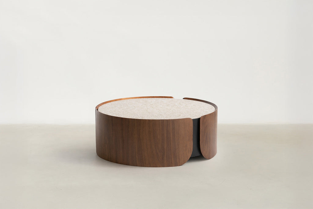 Walnut & Textured Glass Coffee & End Table with Gold Accents for Living Room