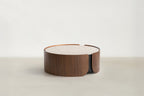 Walnut & Textured Glass Coffee & End Table with Gold Accents for Living Room