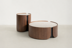 Walnut & Textured Glass Coffee & End Table with Gold Accents for Living Room