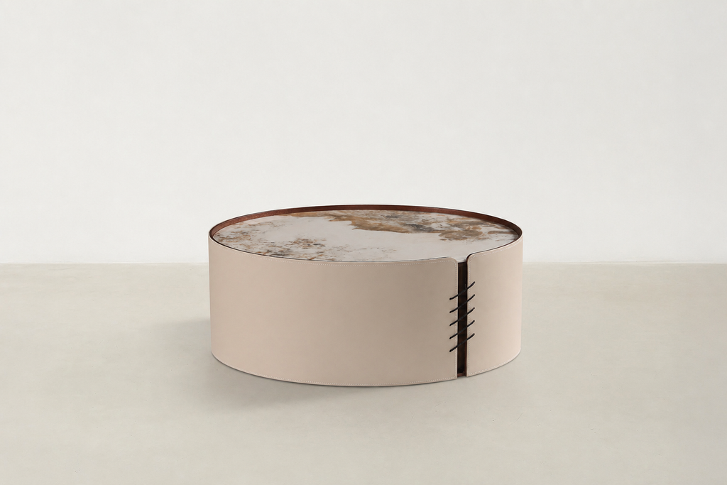 Sintered Stone & Vegan Leather Coffee Table with Dual-Tier Design for Living Room