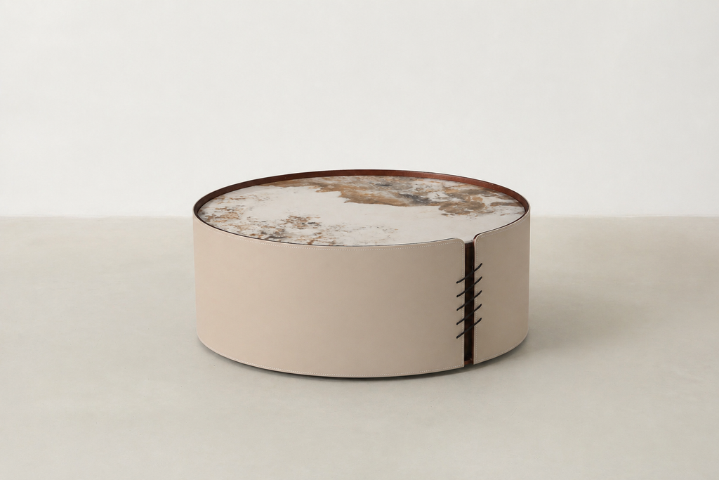 Sintered Stone & Vegan Leather Coffee Table with Dual-Tier Design for Living Room