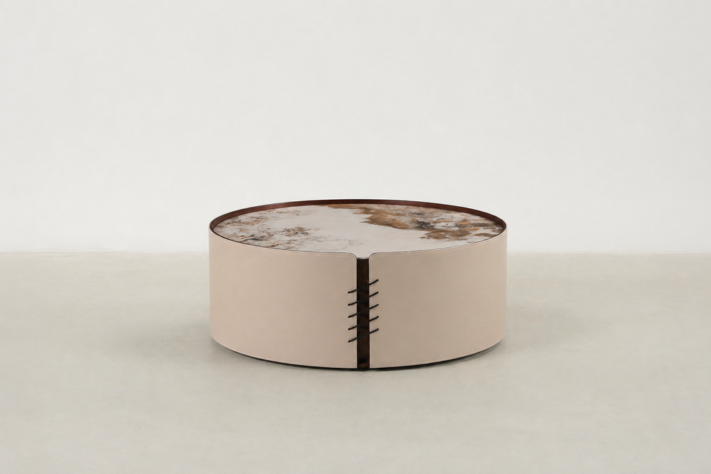 Sintered Stone & Vegan Leather Coffee Table with Dual-Tier Design for Living Room