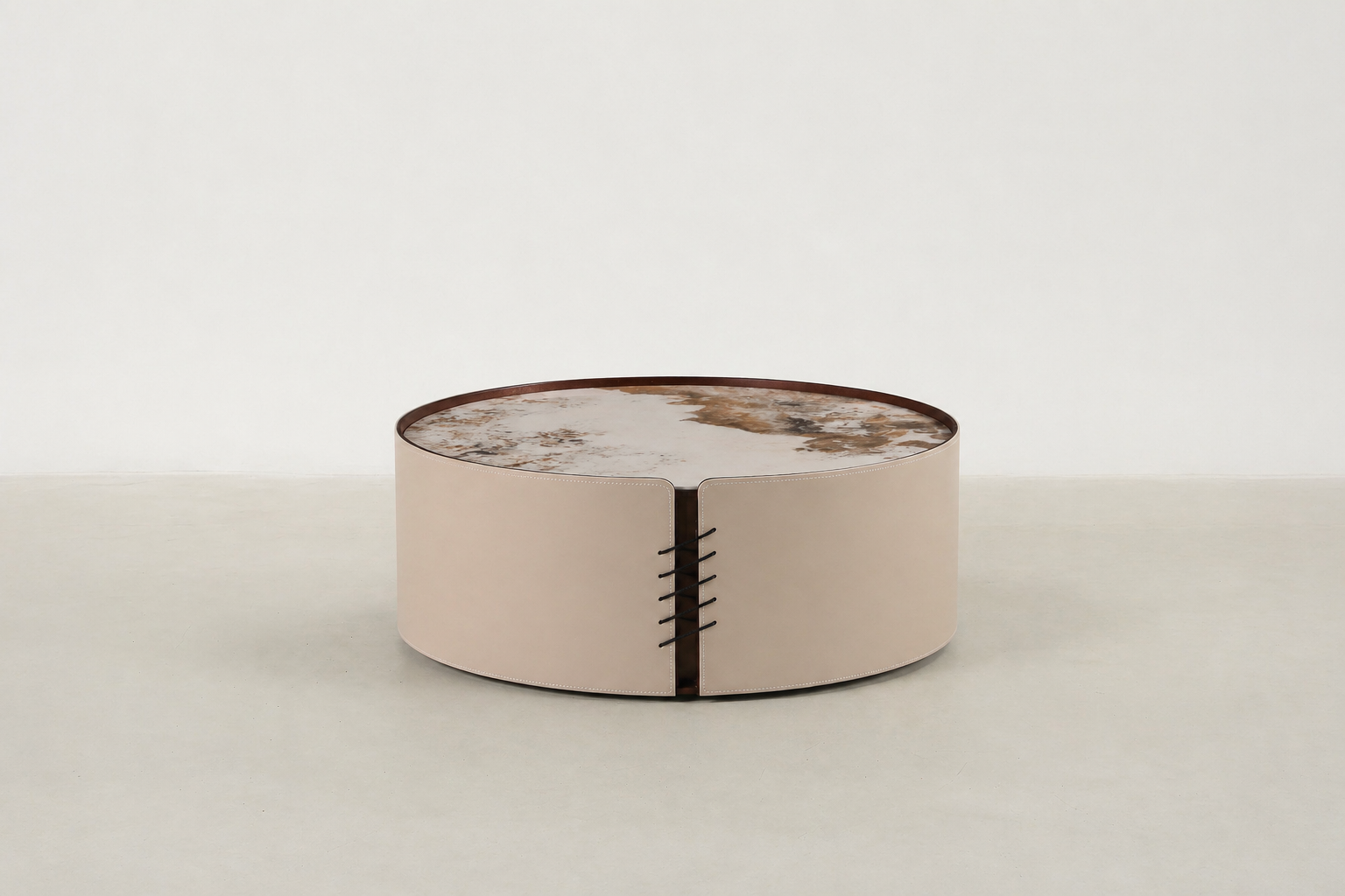 Sintered Stone & Vegan Leather Coffee Table with Dual-Tier Design for Living Room
