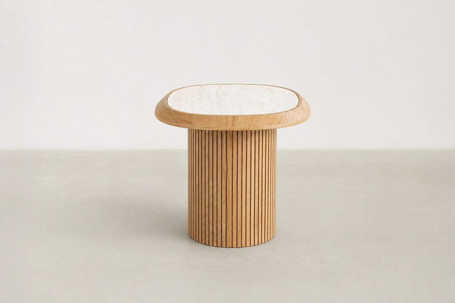 Tempered Glass & Oak Fluted End Table with Travertine-Look Top for Living Room & Bedroom