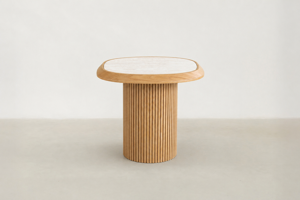 Tempered Glass & Oak Fluted End Table with Travertine-Look Top for Living Room & Bedroom