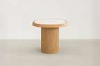 Tempered Glass & Oak Fluted End Table with Travertine-Look Top for Living Room & Bedroom