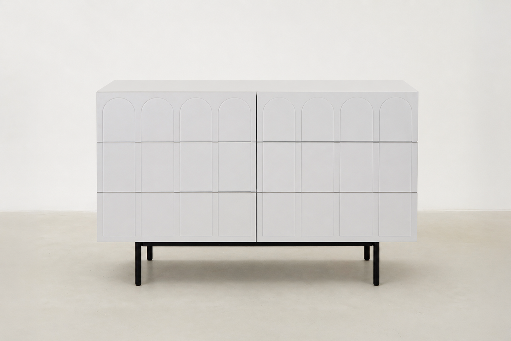 Matte White Console with Arch Detail & 6 Soft-Close Drawers for Entryway & Living Room