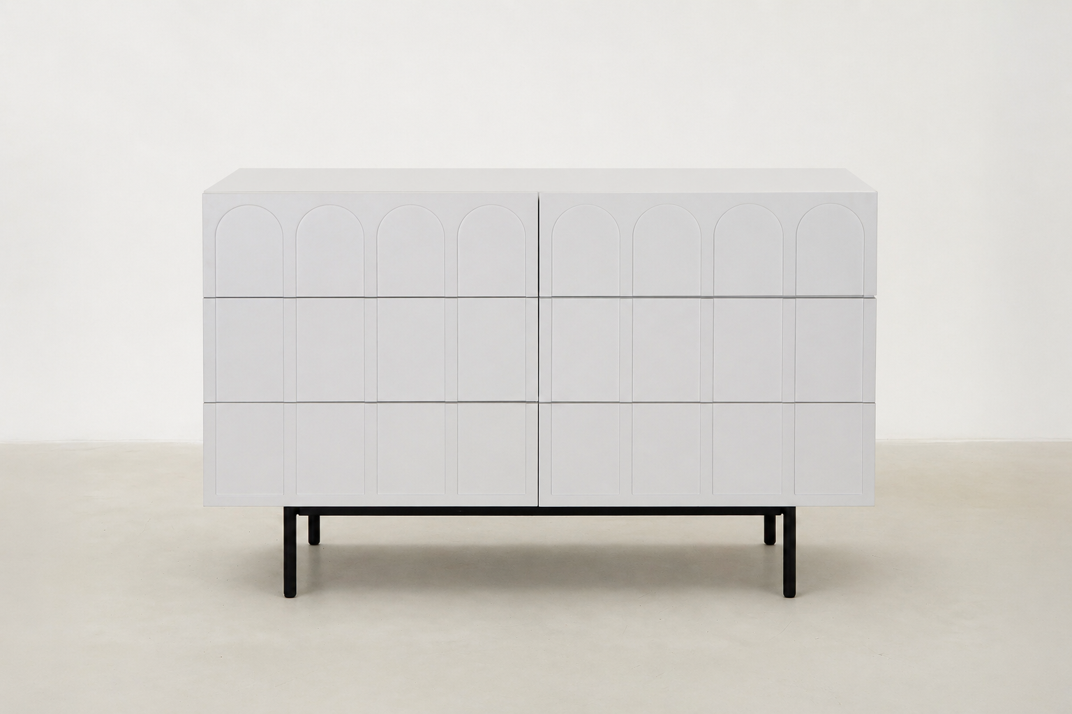 Matte White Console with Arch Detail & 6 Soft-Close Drawers for Entryway & Living Room