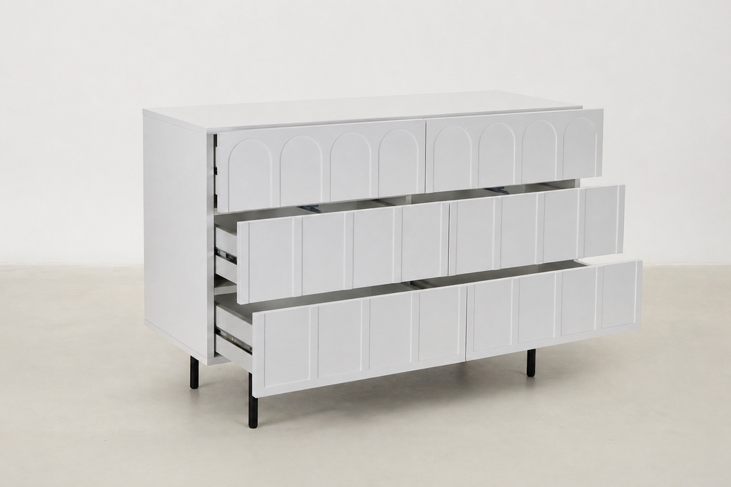 Matte White Console with Arch Detail & 6 Soft-Close Drawers for Entryway & Living Room