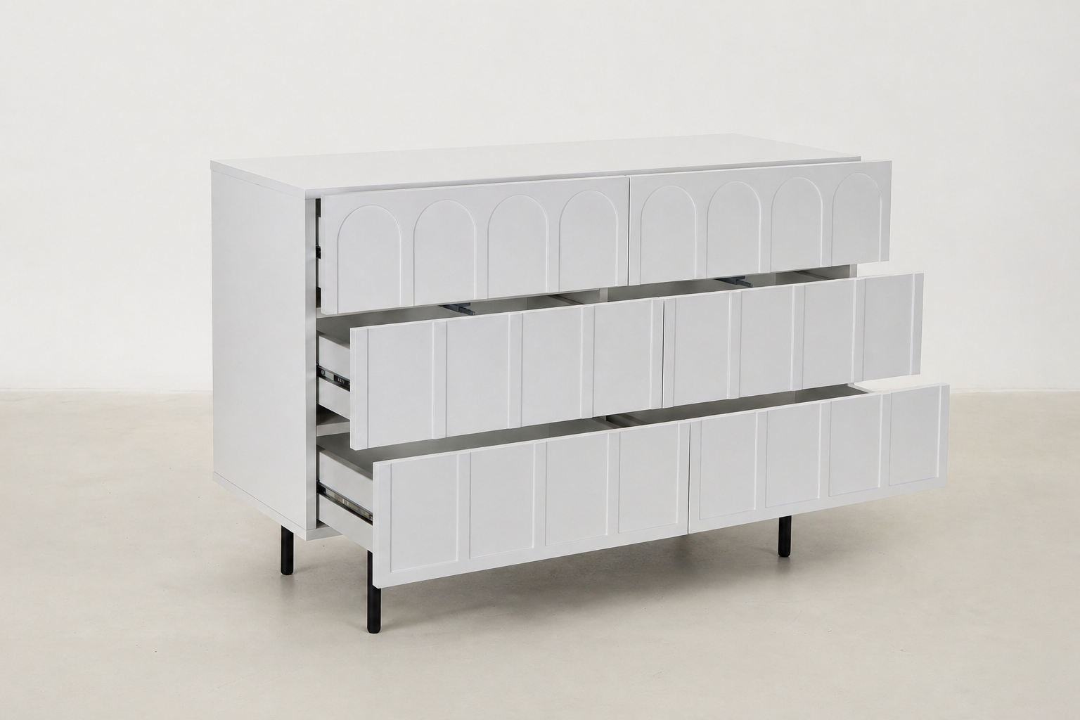 Matte White Console with Arch Detail & 6 Soft-Close Drawers for Entryway & Living Room