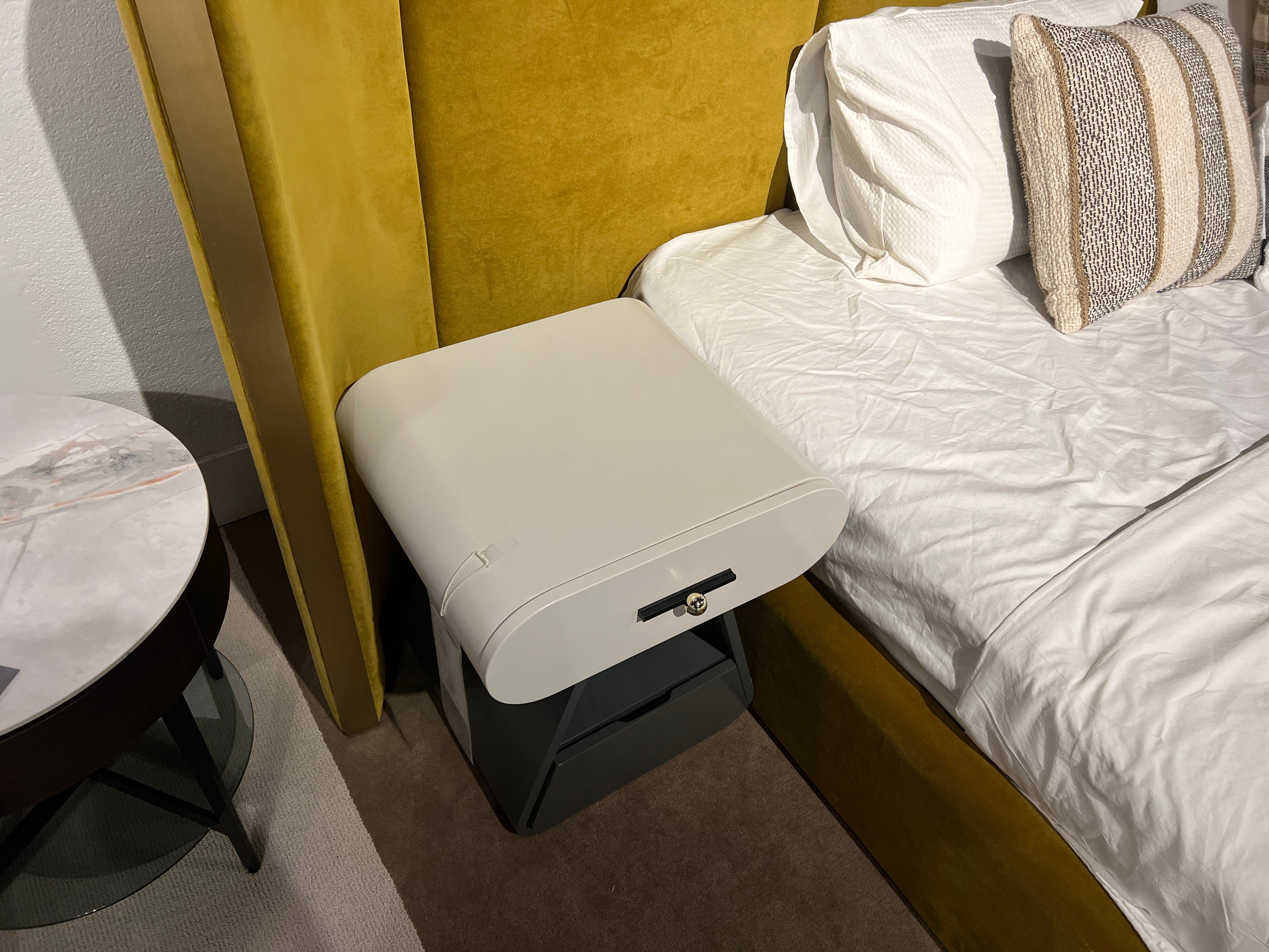 Layered Nightstand with Curved Contrasts & Soft Sculptural Form for Bedroom