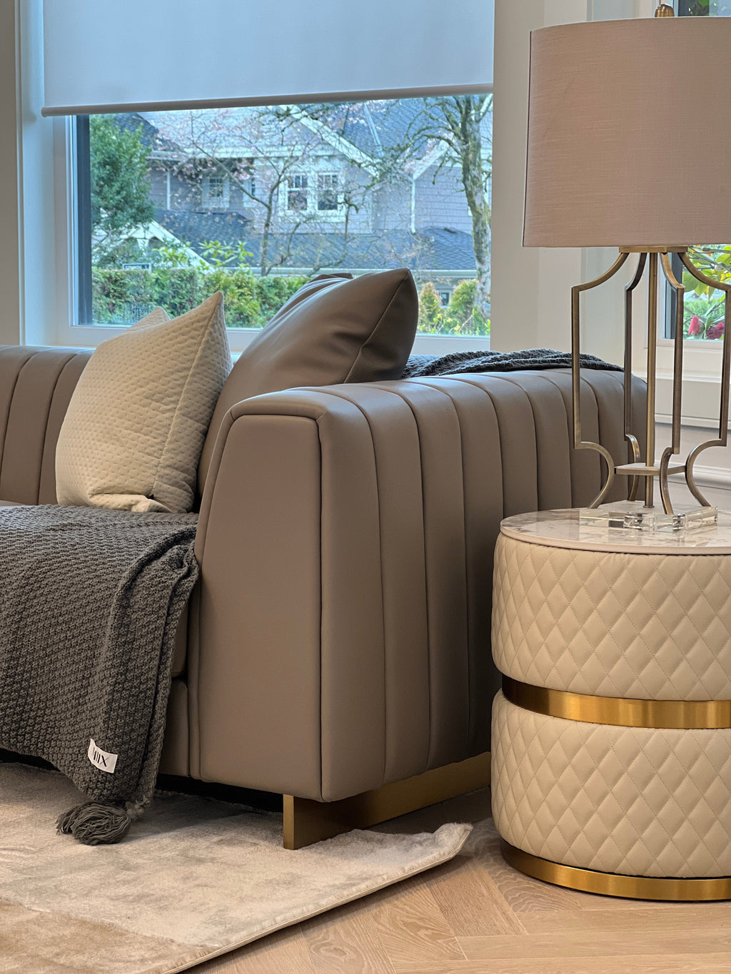 PU Leather & Ceramic End Table with Diamond-Stitch & Gold Banding for Living Room