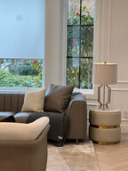 PU Leather & Ceramic End Table with Diamond-Stitch & Gold Banding for Living Room