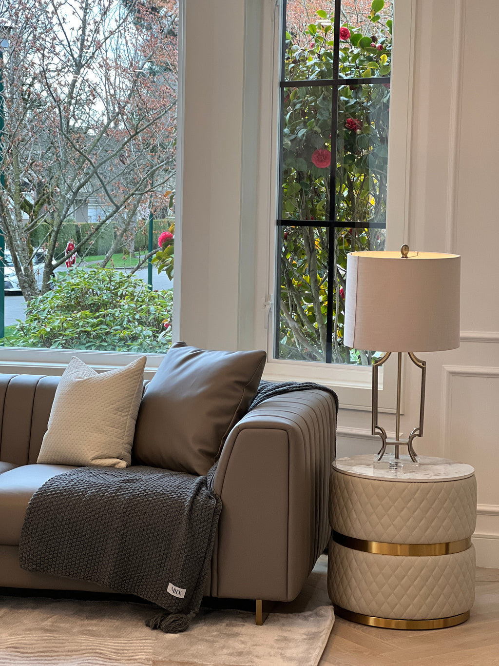 PU Leather & Ceramic End Table with Diamond-Stitch & Gold Banding for Living Room