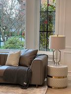 PU Leather & Ceramic End Table with Diamond-Stitch & Gold Banding for Living Room