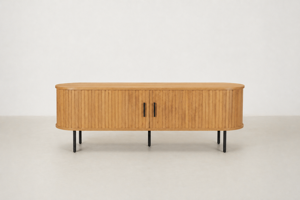 Fluted Oak TV Cabinet with Rounded Silhouette for Living Room