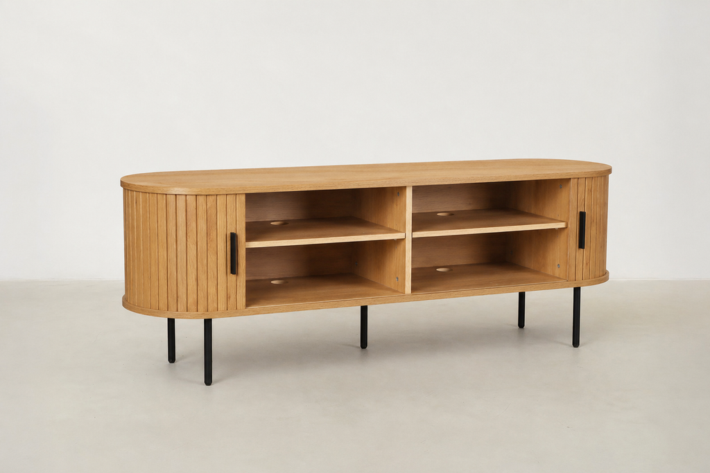 Fluted Oak TV Cabinet with Rounded Silhouette for Living Room