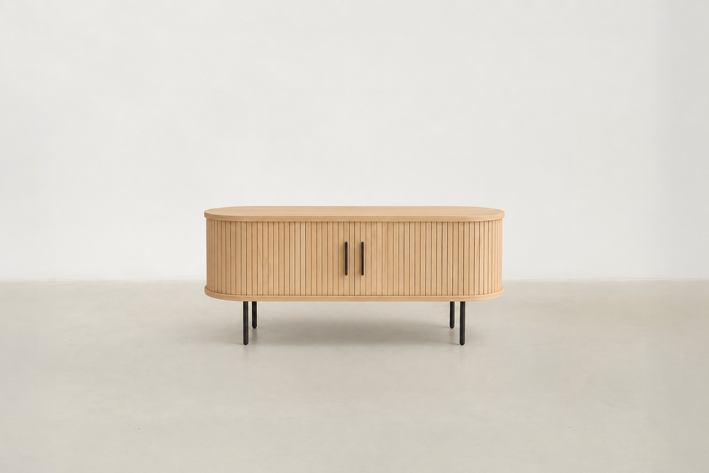 Wood Veneer TV Stand with Functional Storage for Living Room