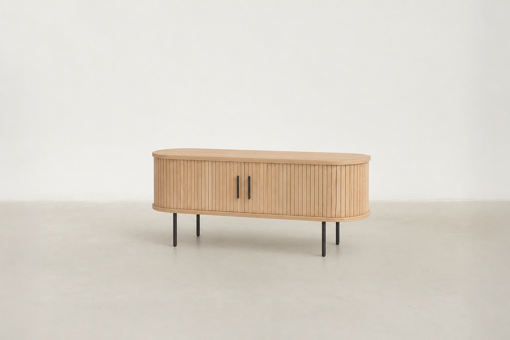 Wood Veneer TV Stand with Functional Storage for Living Room