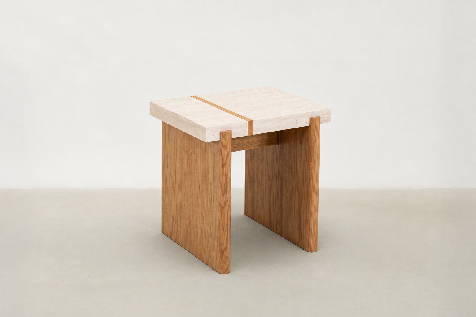 Microcement & Oak End Table with Travertine-Look Top for Living Room & Bedroom