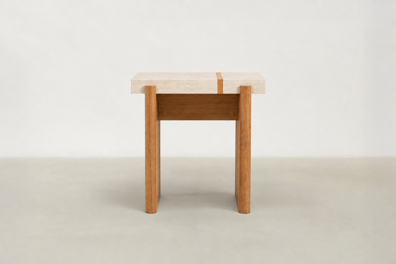 Microcement & Oak End Table with Travertine-Look Top for Living Room & Bedroom