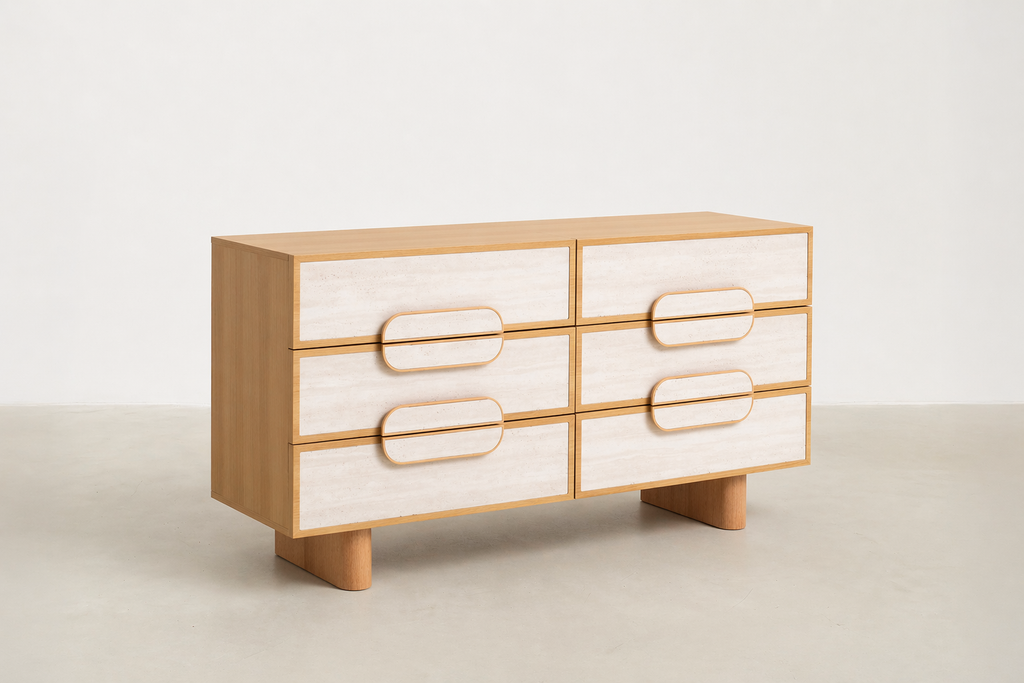 Oak Veneer Sideboard with Travertine Drawer Fronts for Living & Dining Room