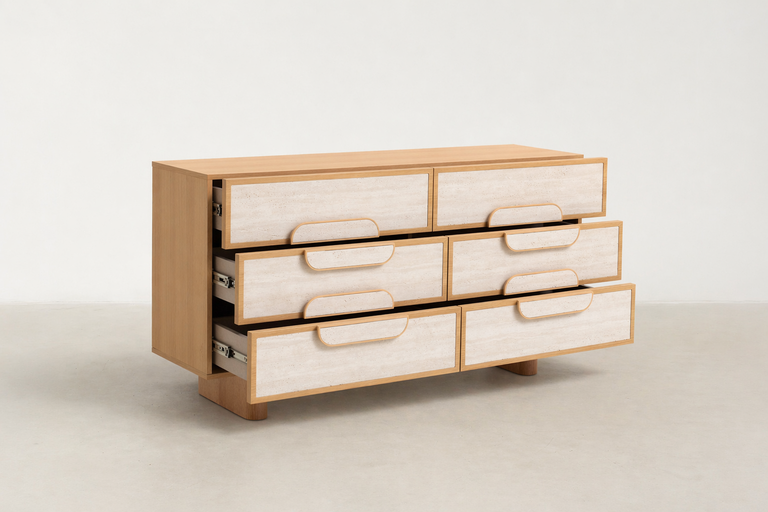 Oak Veneer Sideboard with Travertine Drawer Fronts for Living & Dining Room