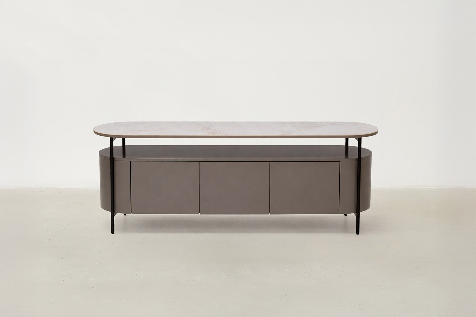 Sintered Stone TV Stand with Glossy Body & Black Steel Legs for Living Room