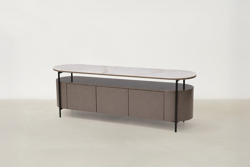 Sintered Stone TV Stand with Glossy Body & Black Steel Legs for Living Room