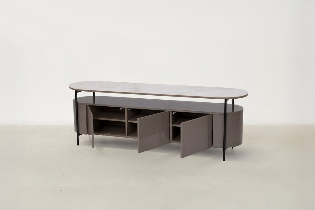 Sintered Stone TV Stand with Glossy Body & Black Steel Legs for Living Room