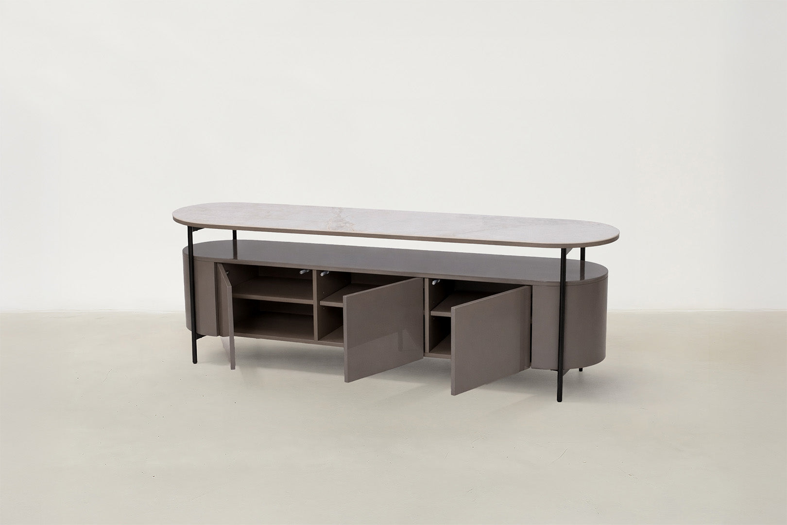 Sintered Stone TV Stand with Glossy Body & Black Steel Legs for Living Room