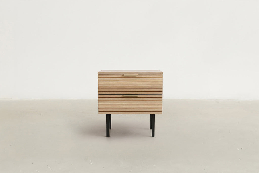 Fluted Wood Nightstand with Gold Handles & Satin Black Base for Bedroom