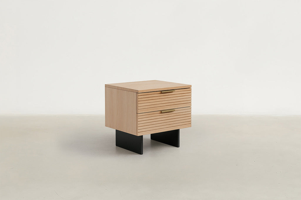 Fluted Wood Nightstand with Gold Handles & Satin Black Base for Bedroom