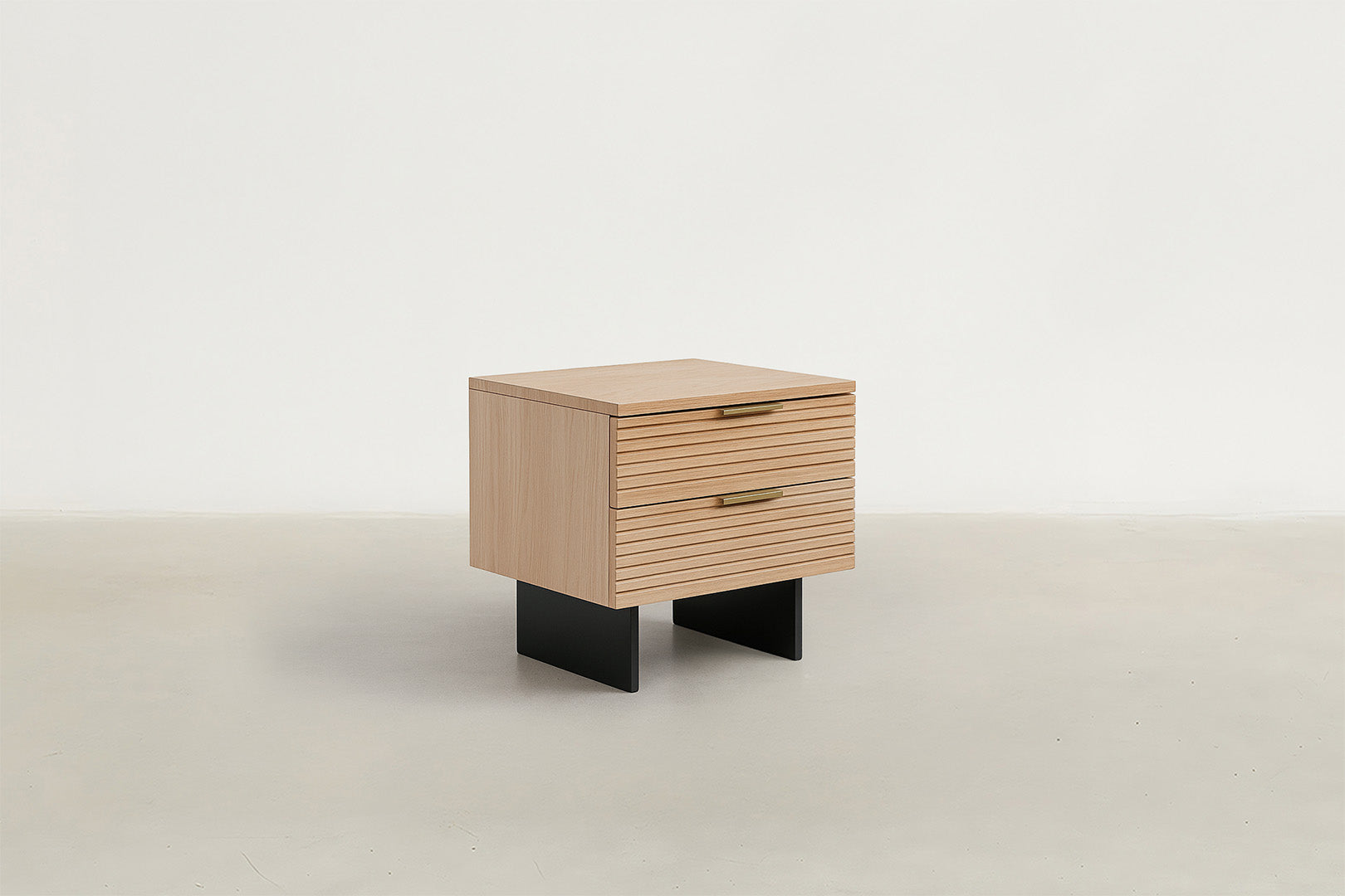 Fluted Wood Nightstand with Gold Handles & Satin Black Base for Bedroom