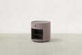 Saddle Leather Nightstand with Rounded Form & Smoke Glass Shelf for Bedroom