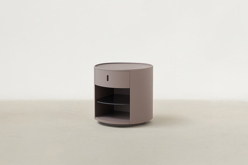 Saddle Leather Nightstand with Rounded Form & Smoke Glass Shelf for Bedroom