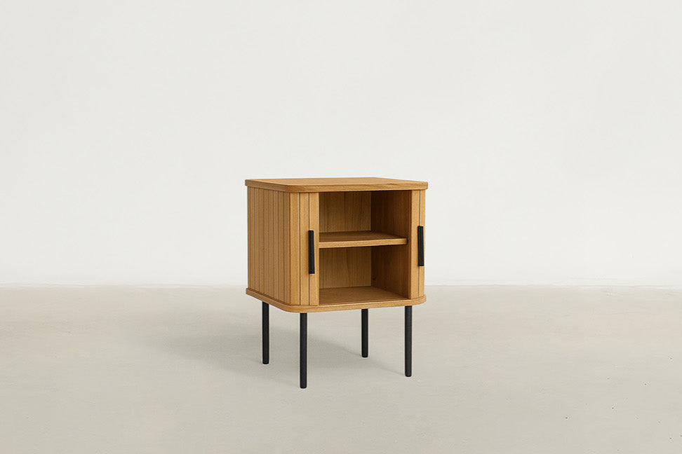 Oak Veneer Nightstand with Curved Fluted Doors & Elevated Legs for Bedroom