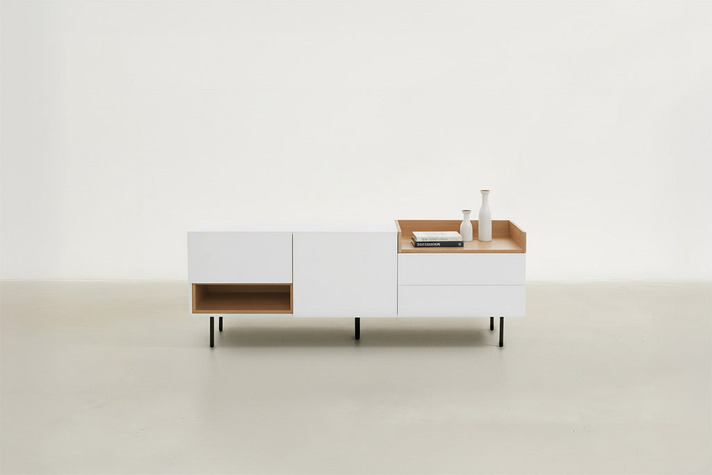 White & Oak Console TV Stand with Structured Drawers for Living Room