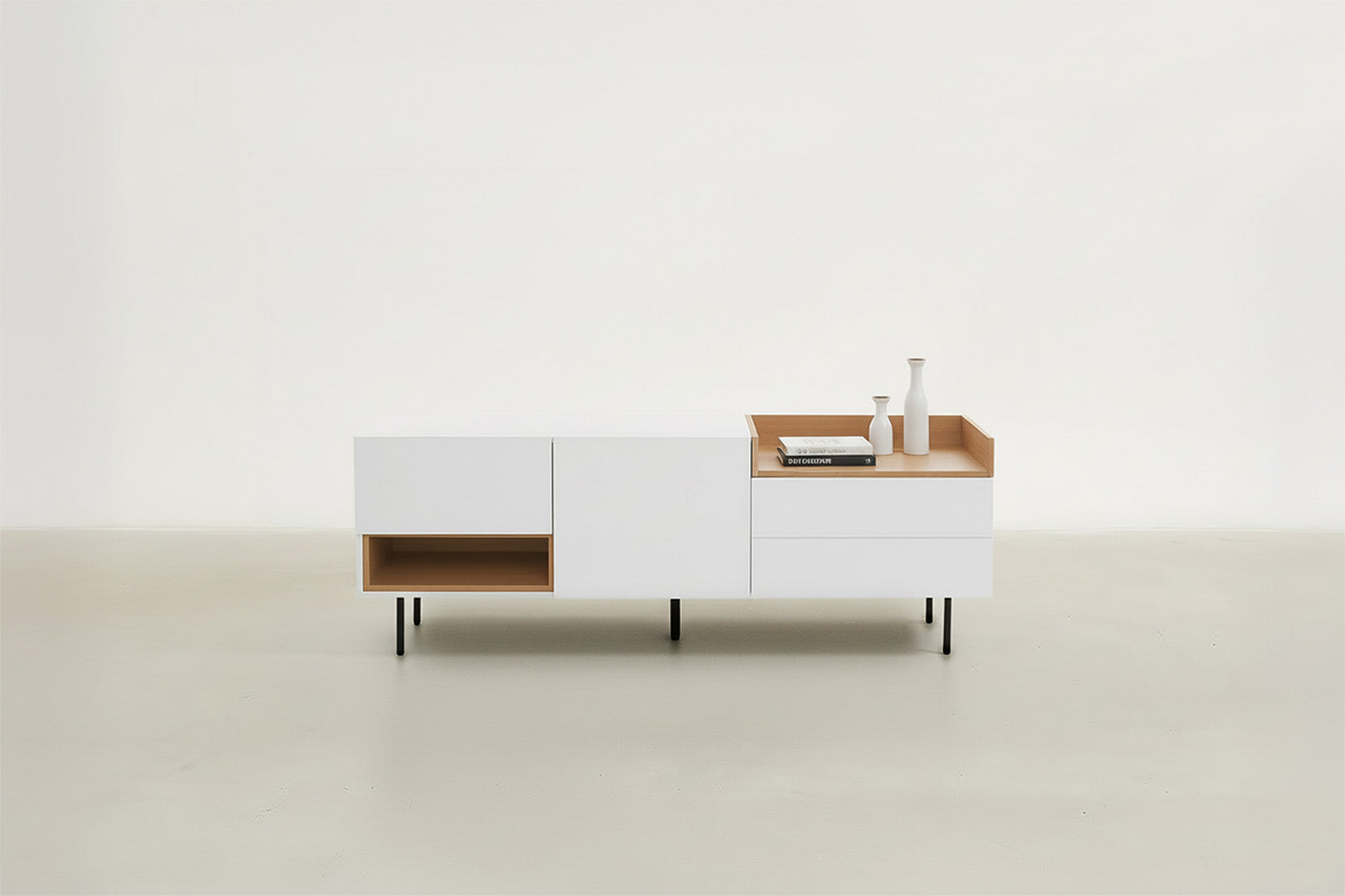 White & Oak Console TV Stand with Structured Drawers for Living Room