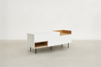 White & Oak Console TV Stand with Structured Drawers for Living Room