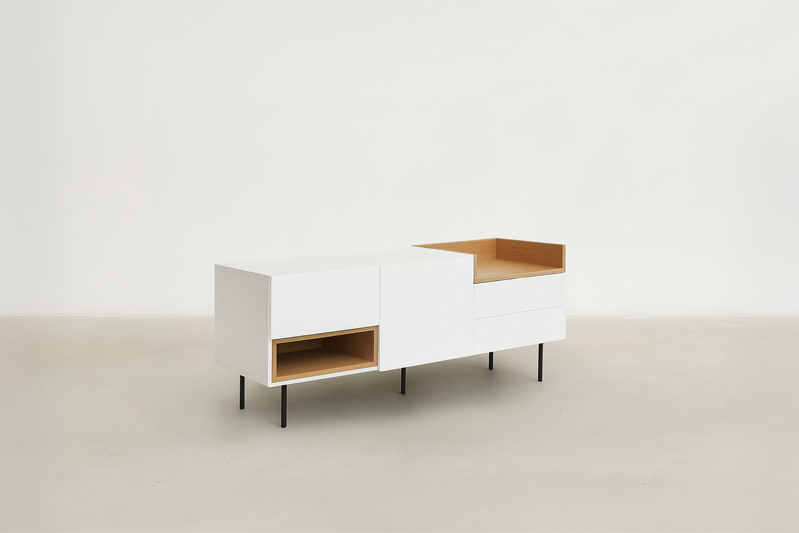 White & Oak Console TV Stand with Structured Drawers for Living Room