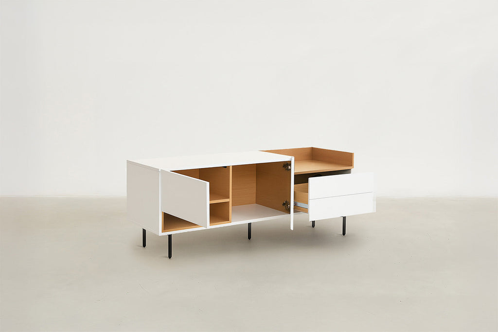 White & Oak Console TV Stand with Structured Drawers for Living Room